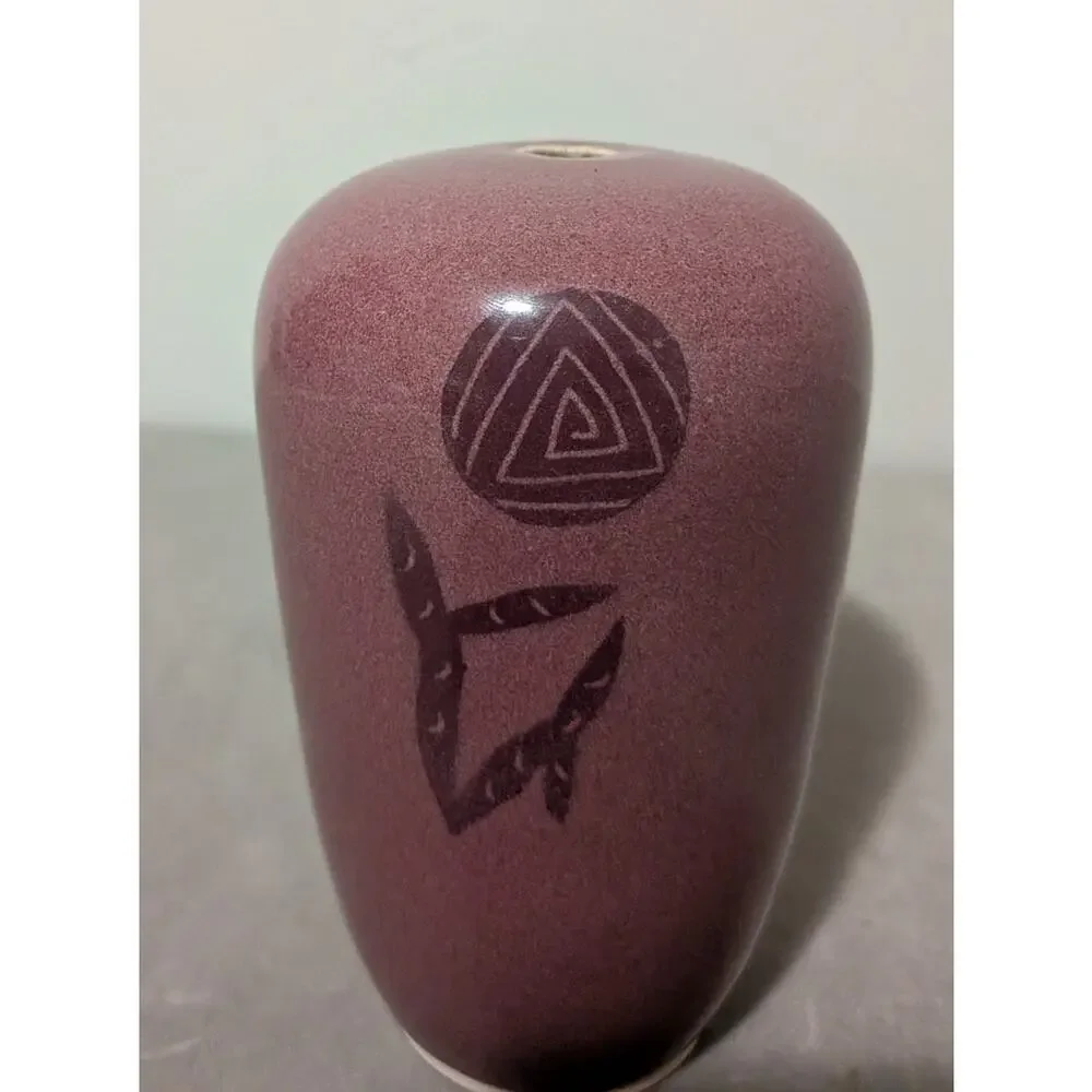 Barbara Higgins Signed Studio Pottery Mini Bud Vase Purple Snake Lizard Sun